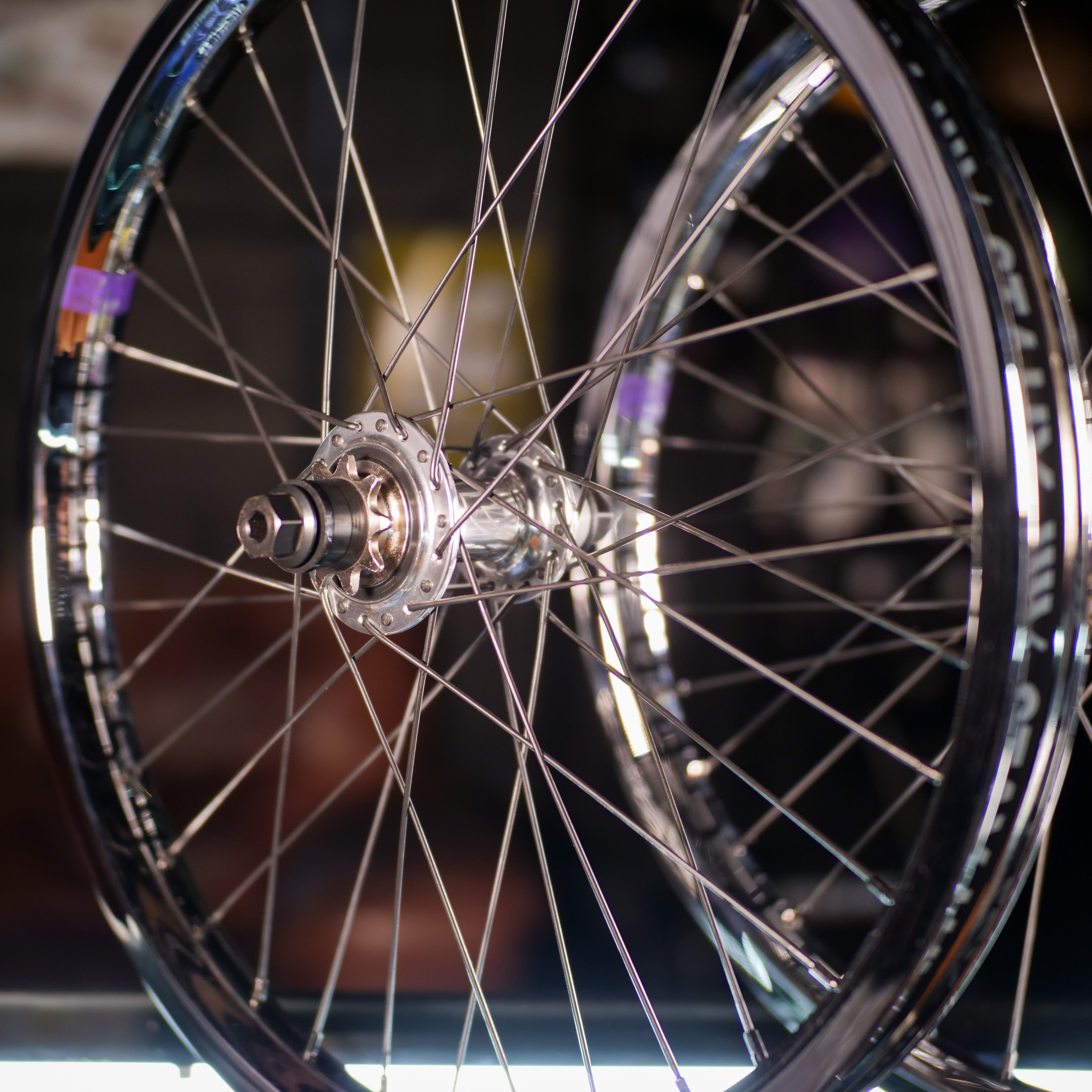 Close-up of the Tall Order X Birdcage Custom Wheelset, showcasing metal spokes, a Tall Order Drone hub, and GSport Birdcage rims with a softly blurred background.