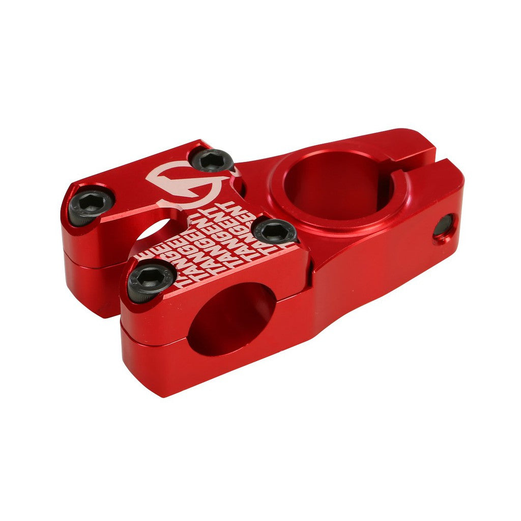 A pair of Tangent Pro Split II 1-1/8in Stem bicycle stem clamps made of 6061 T6 aluminum, in a vibrant red color.