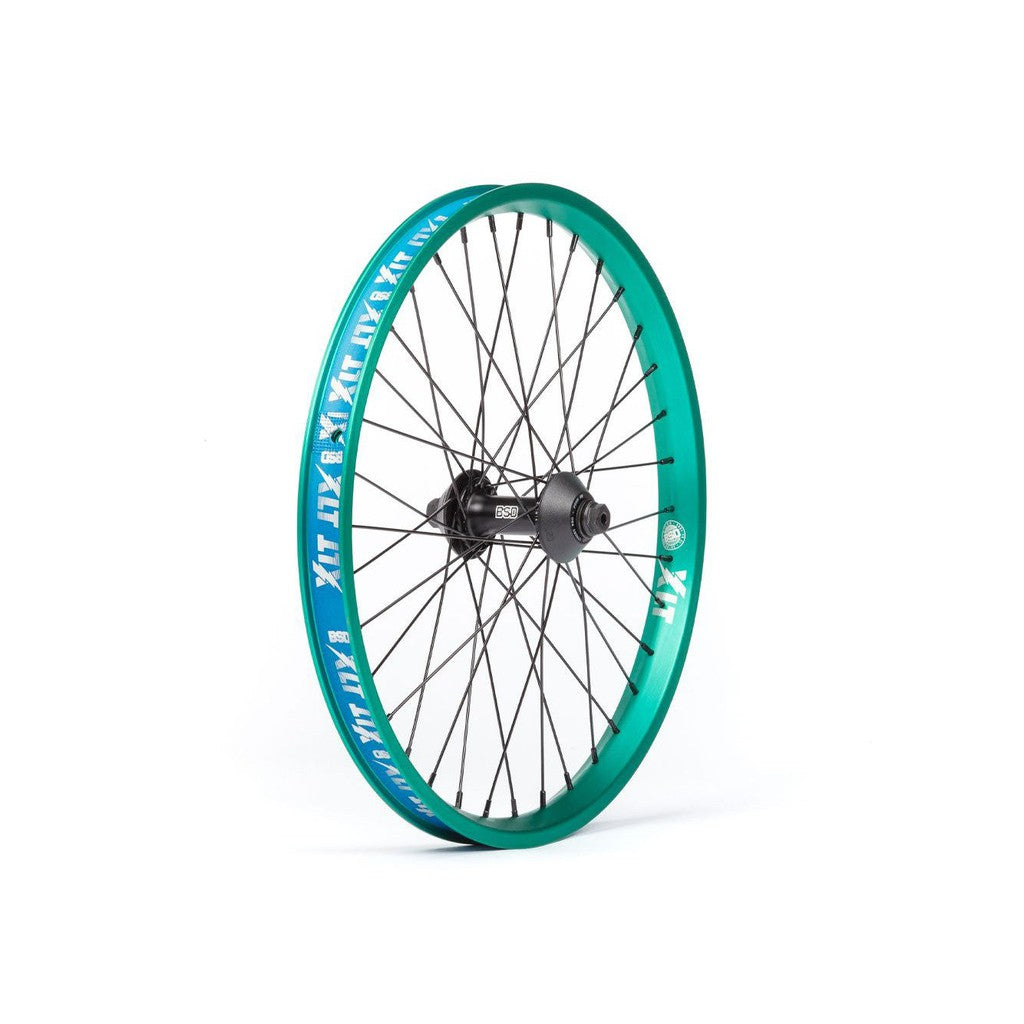 A green spoke on the BSD Front Street Pro x XLT Front Wheel with white lettering, making it street ready for the BSD Front Street Pro bicycle.