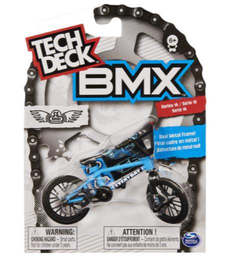 The Tech Deck BMX Bike (Assorted Models, Sold Individually) features vibrant blue packaging. This replica BMX includes a small parts warning and is recommended for ages 6 and up.