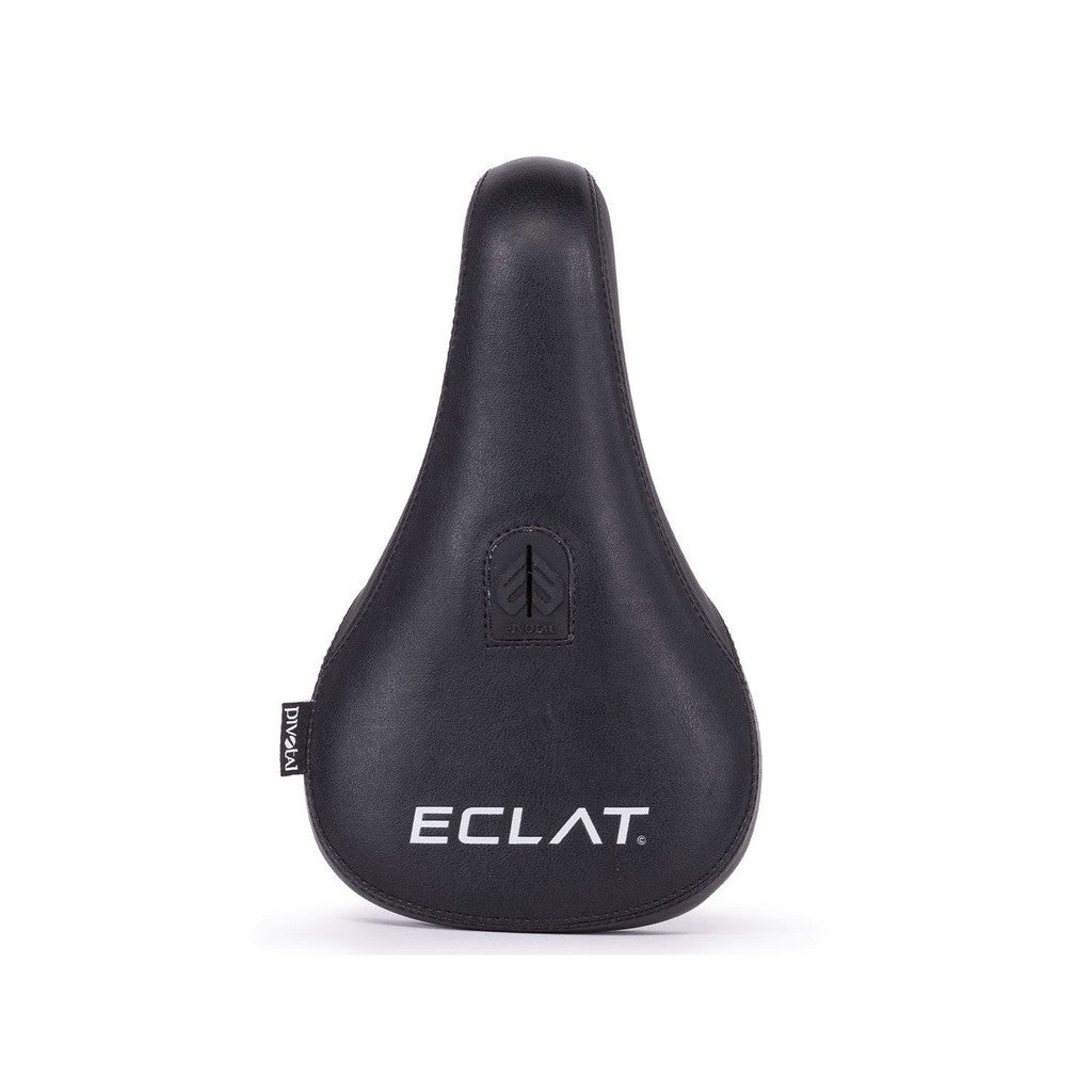 A black bicycle saddle with the Eclat Bios Fat Pivotal Seat on it offers a sleek and stylish design. The durable and comfortable pivotal seat is perfect for riders seeking both functionality and aesthetic appeal.