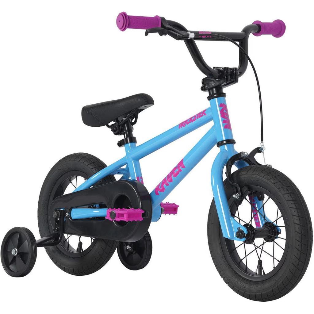 The Raven Trickster 12 Inch Bike is a small blue beginner’s bike featuring training wheels, a BMX-style frame, black seat, and purple handlebars and pedals.