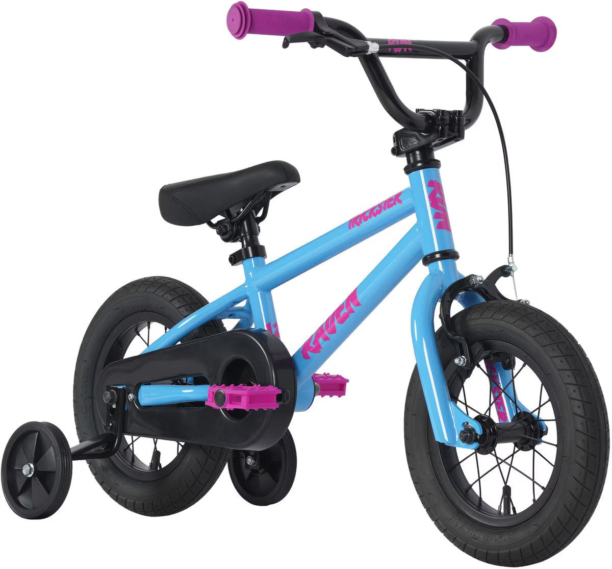 The Raven Trickster 12 Inch Bike is a small blue beginner’s bike featuring training wheels, a BMX-style frame, black seat, and purple handlebars and pedals.