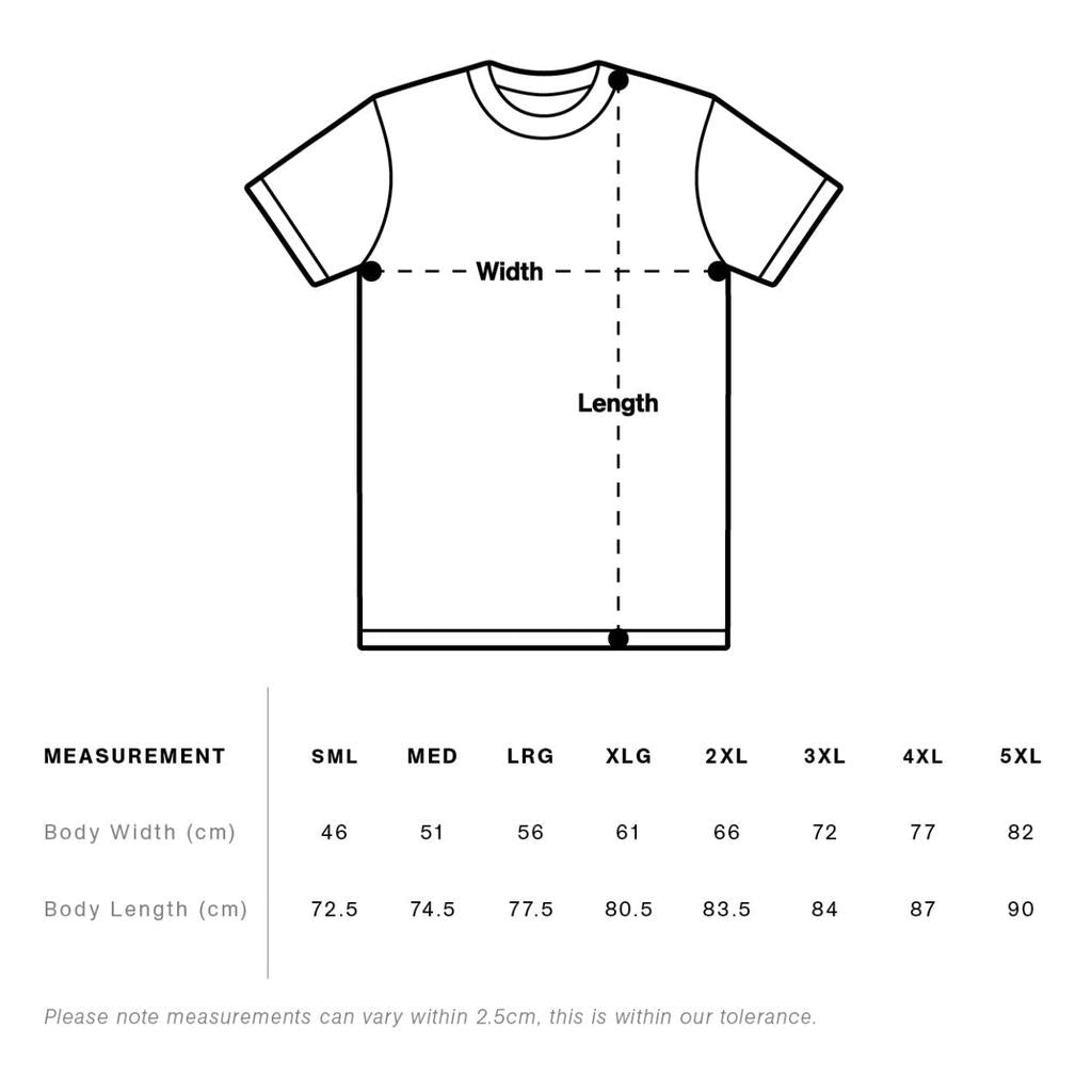 Diagram of the Colony Postcard T-Shirt (made from AS Colour blanks) displays labeled width and length measurements, with a size chart showing body width/length in cm for sizes S–5XL—ideal for the BMX travel lifestyle.