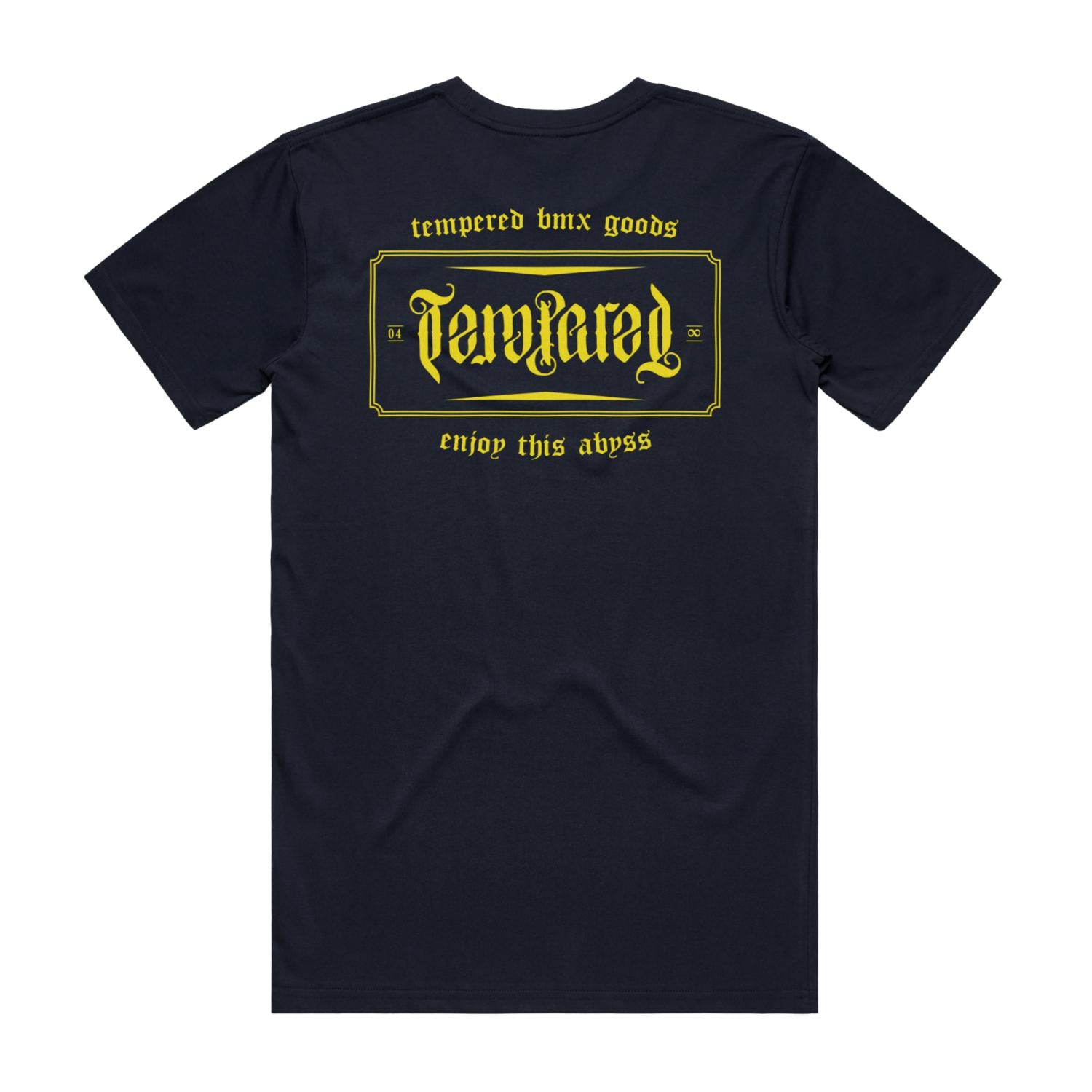 Introducing the Tempered Goods Crest T-Shirt: a black tee with iconic yellow text on the back, featuring "Tempered BMX Goods" at the top, "Enjoy This Abyss" at the bottom, and a stylized "Tempered," showcasing Aussie craftsmanship and embodying the essence of Tempered Goods.