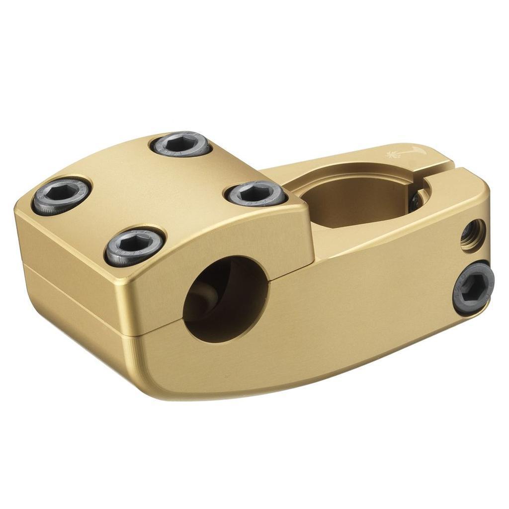 The Odyssey Boyd Stem (Boyd Hilder Signature) is a gold anodized BMX stem with four front hex bolts and one side bolt for secure handlebar clamping.