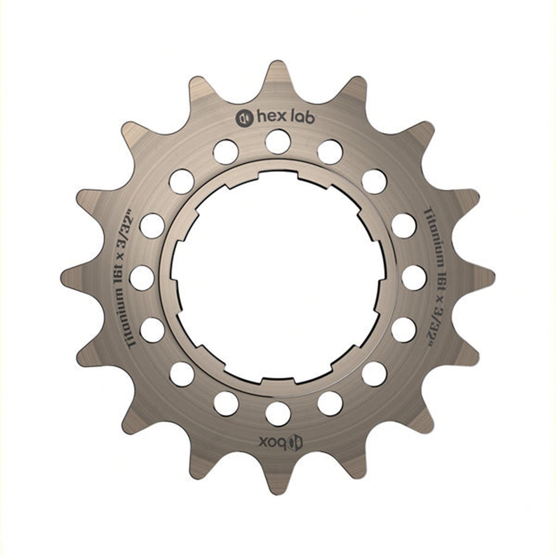 Box Hex Lab Titanium Cog chainring with hexagonal cut-outs and branding engravings.