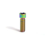 A pack of six Titanium M8 Low Head Stem Bolts is displayed, with each bolt featuring a hex socket cap and a rainbow-oxidized finish, all set against a plain white background.