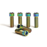 Six Titanium M8 Low Head Stem Bolts are displayed on a white background, with three standing upright and three lying down in the foreground.