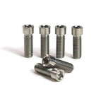 Six Titanium M8 Low Head Stem Bolts (6 Pack) are arranged upright in a row, with two bolts lying horizontally in front of four standing bolts, all displayed on a white background.