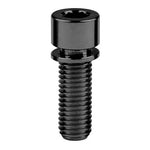 A vertically positioned black titanium M8 Stem Bolt with a cylindrical head and threaded body against a white background.