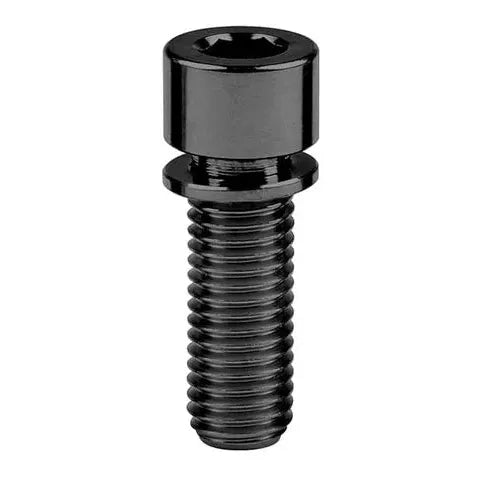 A vertically positioned black titanium M8 Stem Bolt with a cylindrical head and threaded body against a white background.