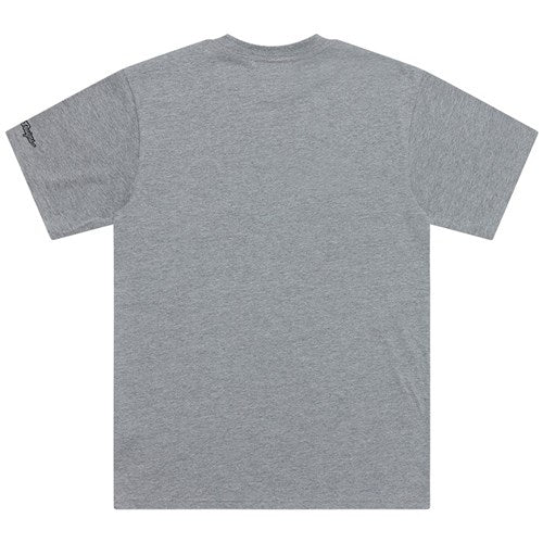 A plain gray tee, the TLD 25.1 Badge SS T-Shirt, is displayed flat, showing short sleeves and a subtle Troy Lee logo on the left sleeve.