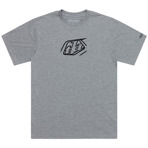 TLD 25.1 Badge SS T-Shirt in gray features a black abstract design centrally placed and has a small Troy Lee logo on its left sleeve.