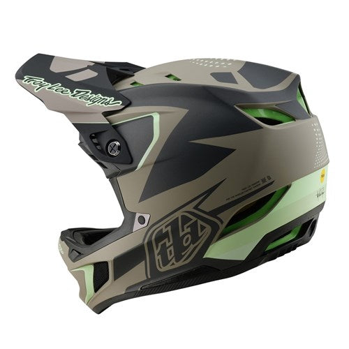 The TLD 25.1 D4 Composite Helmet (MIPS) / Optic Timber is a matte black and green downhill helmet with angular designs, featuring a visor and MIPS protection, crafted for motorsports.