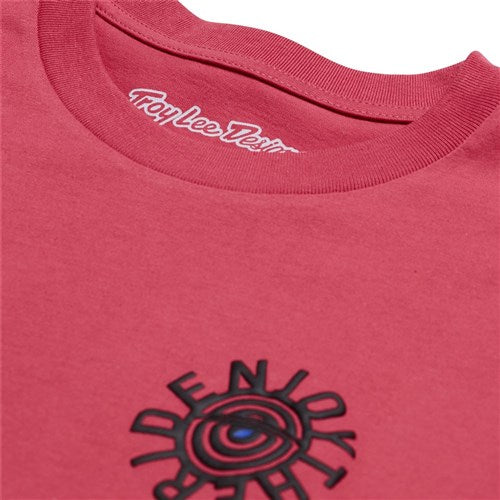 The TLD 25.1 Enjoy LS Shirt is a red long sleeve with "Troy Lee Designs" inside the neckline and a bold front graphic stating "Wide Not Open," ideal for winter shreds.