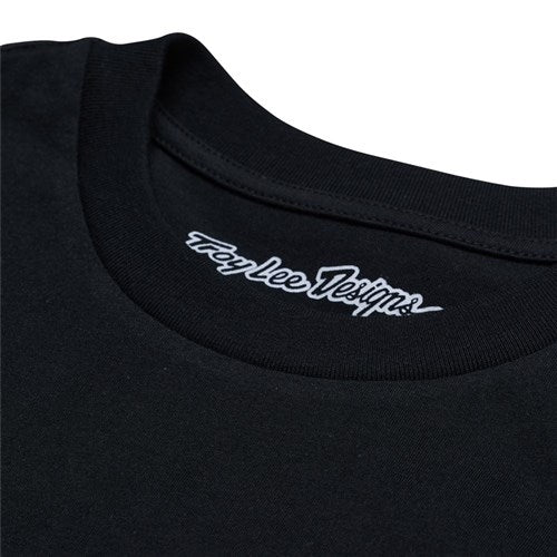 Close-up of a TLD 25.1 Peace Out T-Shirt collar highlighting "Troy Lee Designs" inside the neckline, exuding good vibes.