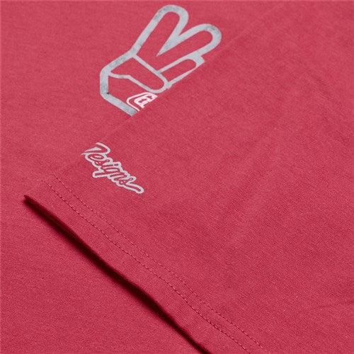 The TLD 25.1 Peace Out T-Shirt in red boasts a white graphic of a hand making a peace sign, with "Respect" elegantly displayed near the bottom hem, exuding good vibes and effortlessly enhancing any casual outfit.