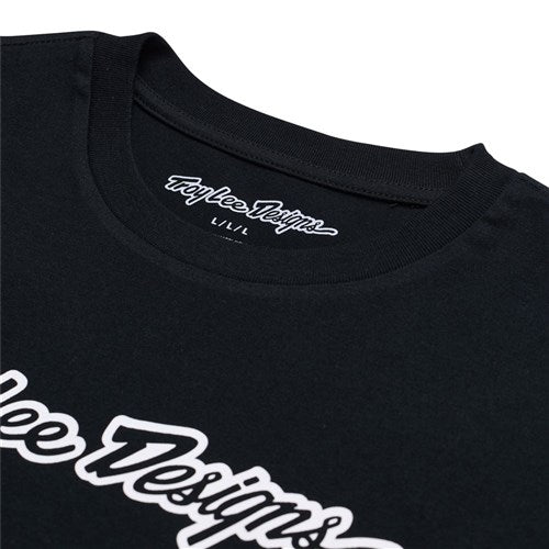 Check out this sick tee: the TLD 25.1 Signature SS T-Shirt, a black shirt with "Troy Lee Designs" elegantly printed in white script on the front.