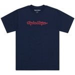 Navy TLD 25.1 Signature SS T-Shirt showcasing the iconic "Troy Lee Designs" in bright red script on the front.