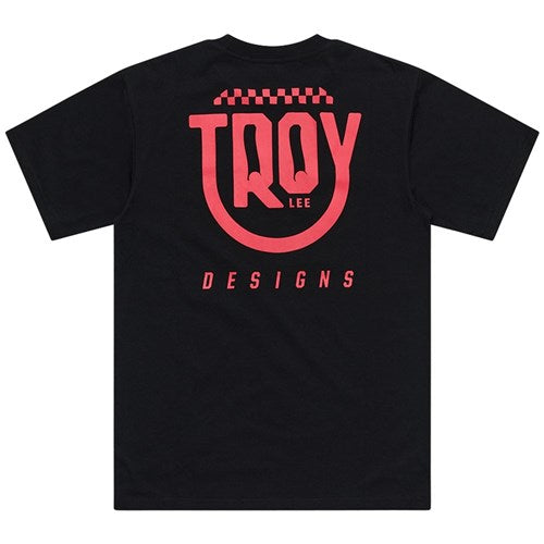 The TLD 25.1 Smiley SS T-Shirt is a black tee featuring "Troy Lee Designs" in bold red text and a stylized graphic on the back, ideal for adding style and a smile to your day.