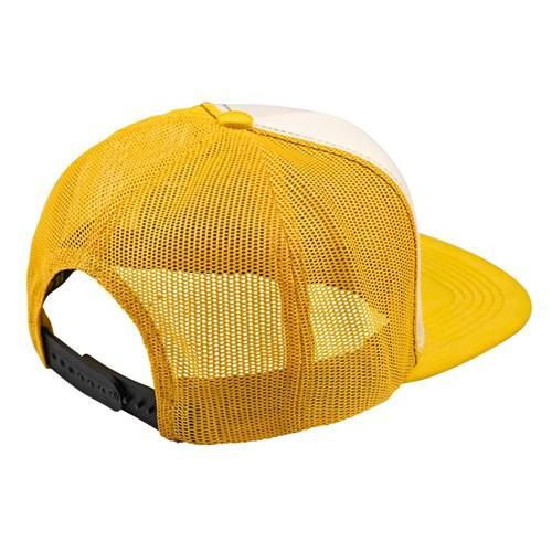 The TLD 25.1 Smiley Trucker Hat in yellow and white showcases a breathable mesh back with an adjustable snapback, displayed from the rear view.