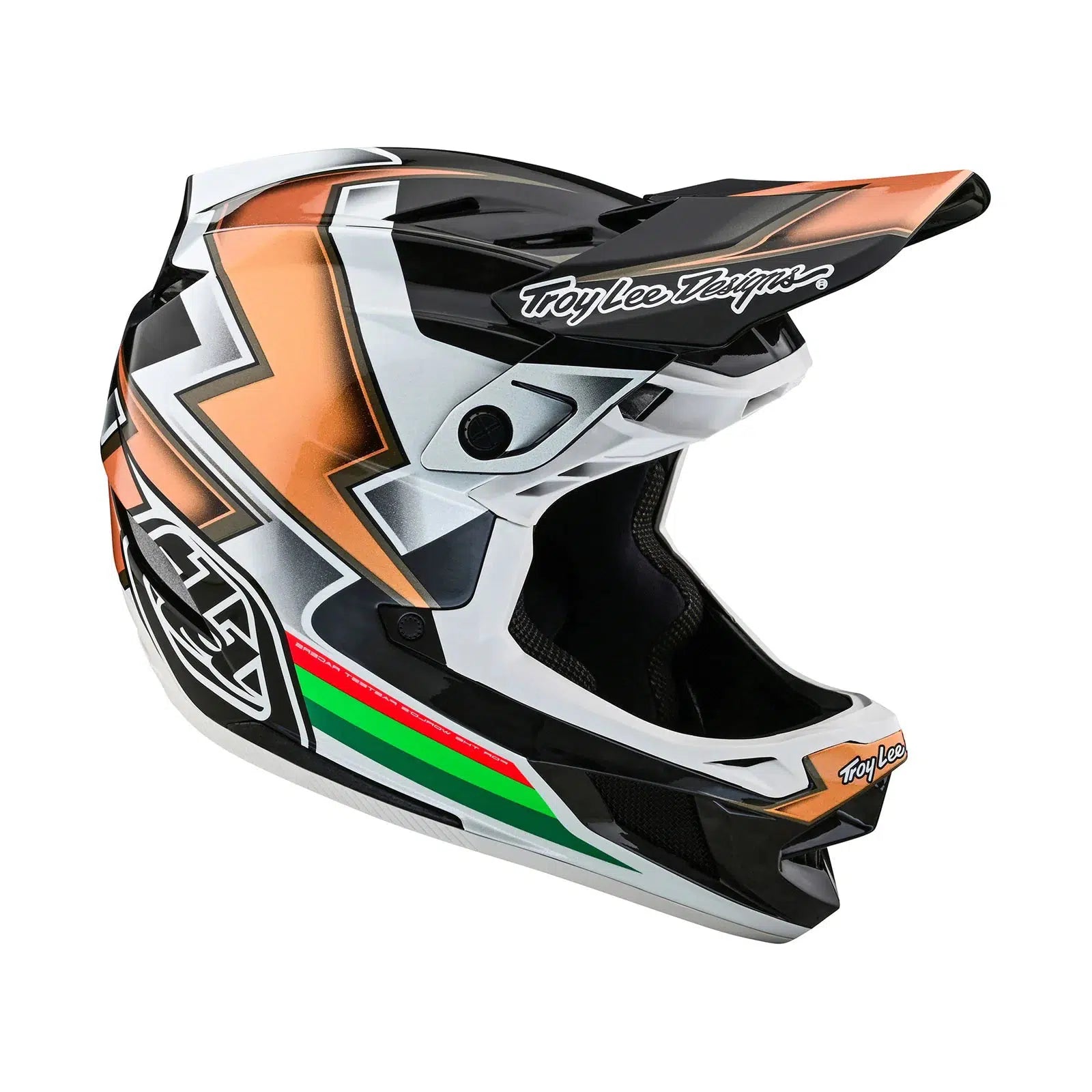 A TLD D4 Carbon AS Helmet W/MIPS Ever Black / Gold with a white background.