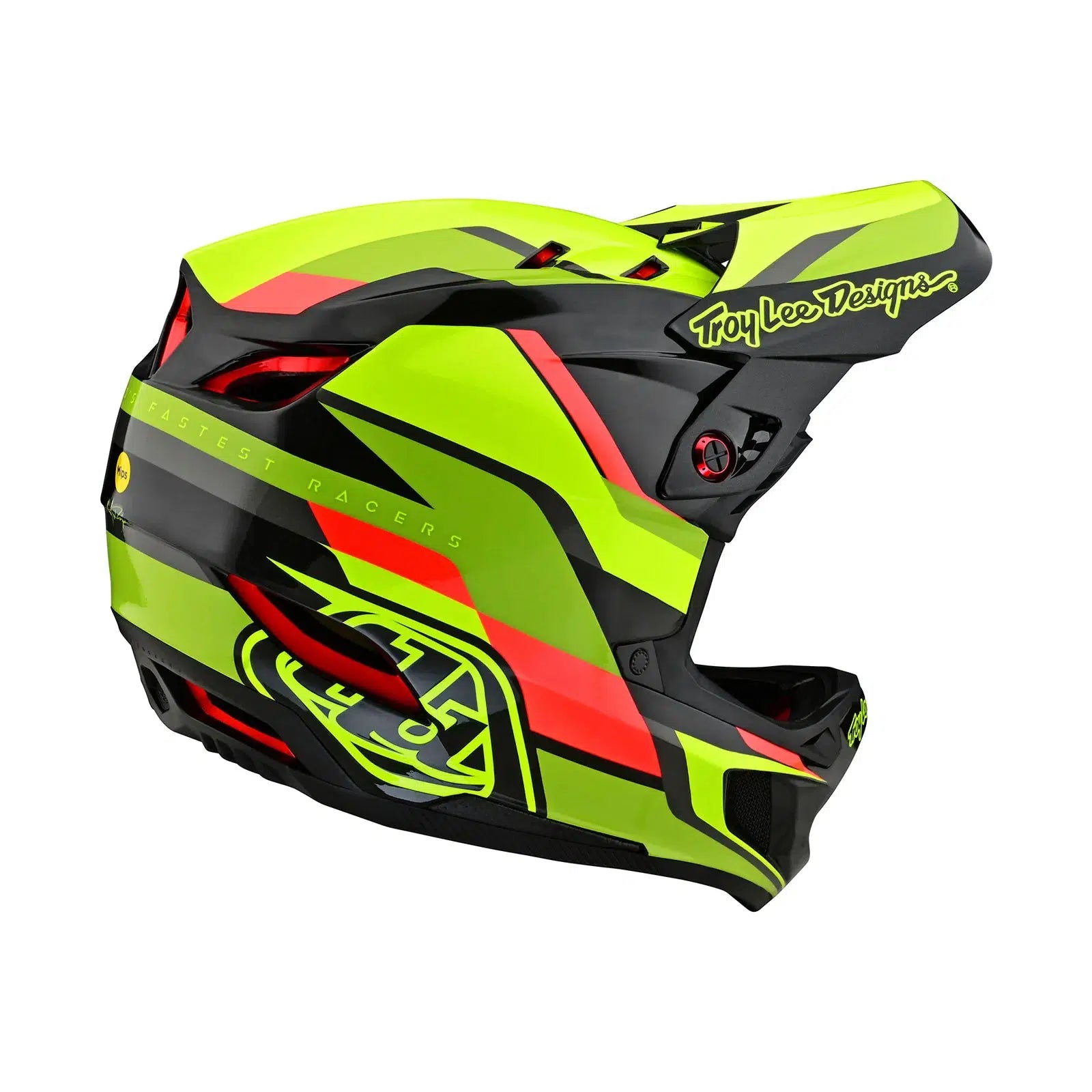 A yellow and red TLD D4 Carbon AS Helmet W/MIPS Omega Black / Yellow on a white background.