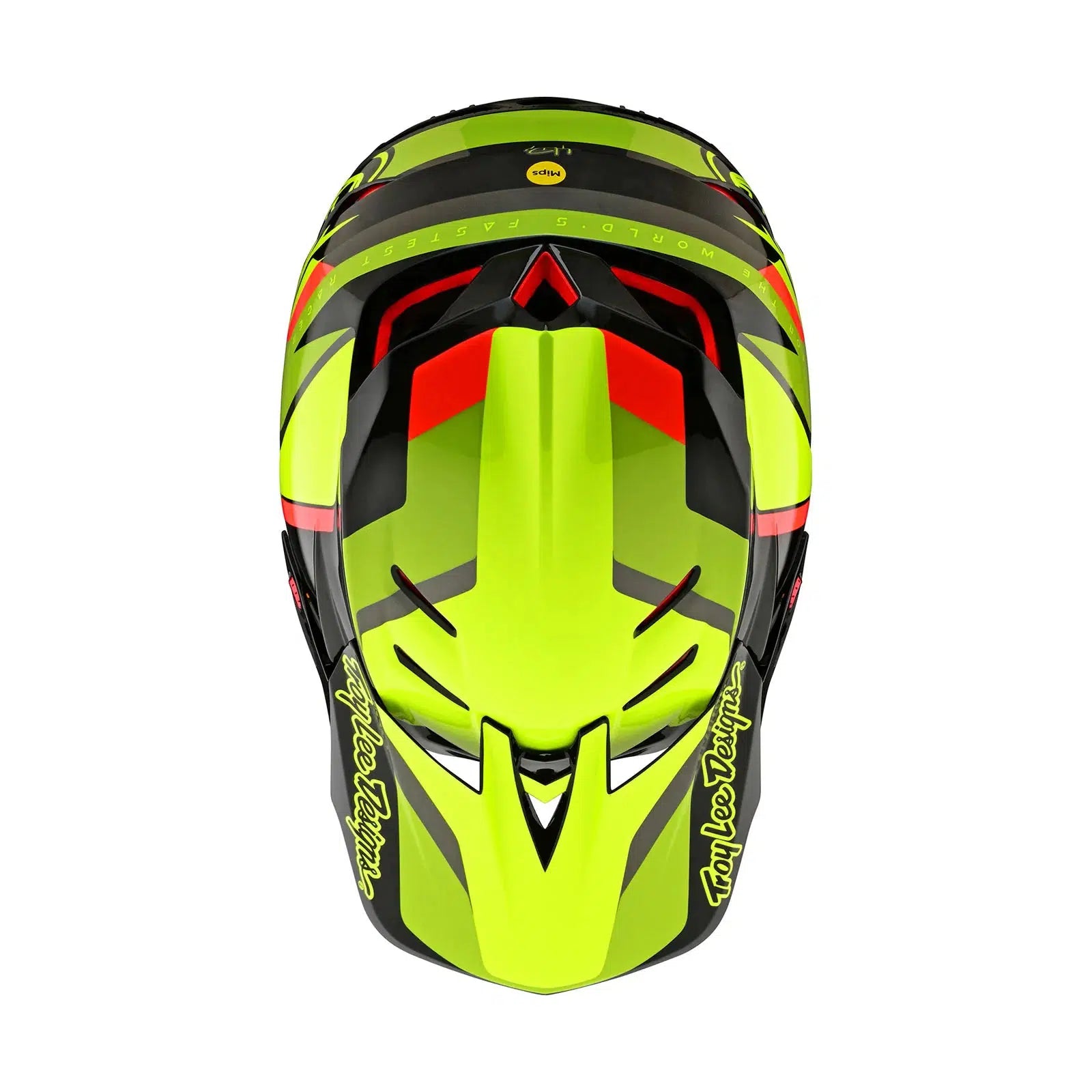 A helmet with a yellow and black design on a white background, known as the TLD D4 Carbon AS Helmet W/MIPS Omega Black / Yellow.