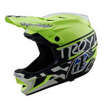 The TLD D4 Polyacrylite Helmet (MIPS) in Fifty-50 Navy/Glo Yellow offers MIPS protection with a geometric pattern and Troy Lee Designs branding on the visor and side for maximum safety.