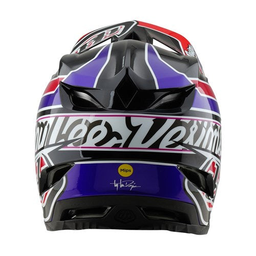 Rear view of the TLD D4 Polyacrylite Helmet (MIPS) in Linear Black, showcasing its vibrant design, sturdy shell, and MIPS brain protection technology decorated with text.