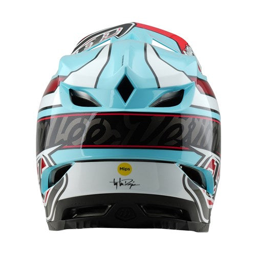 Rear view of the TLD D4 Polyacrylite Helmet (MIPS) in Linear Blue, showcasing its colorful aerodynamic design with ventilation slits and a central signature, enhanced by Mips® C2 brain protection for superior safety.