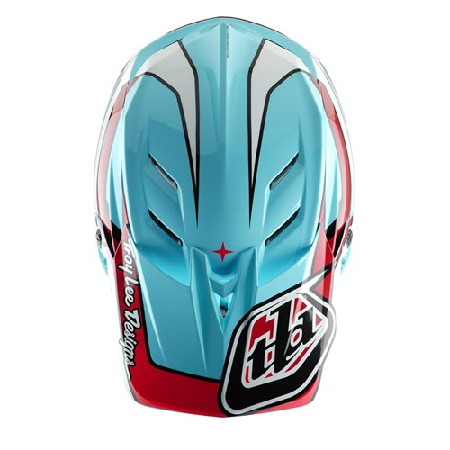The top view of the TLD D4 Polyacrylite Helmet (MIPS) in Linear Blue reveals turquoise and red colors, with black and white graphics and "Troy Lee Designs" text. It offers Mips® C2 brain protection for enhanced safety.