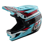 The TLD D4 Polyacrylite Helmet (MIPS) in Linear Blue features a visor, superior ventilation, angular design, and bold graphics. Enhanced with Mips® C2 brain protection, it offers top-tier safety and style on the track.