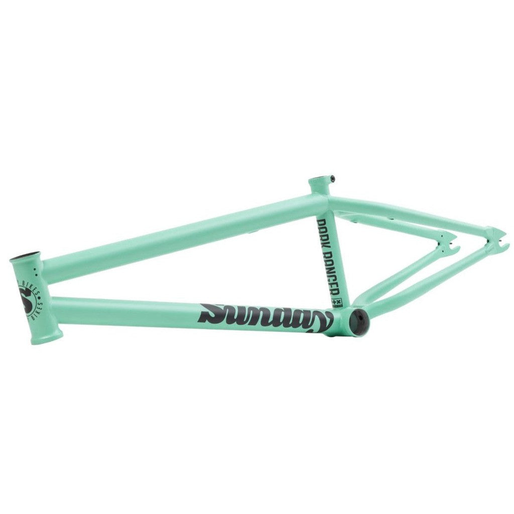 A green Sunday Park Ranger Frame with the word sunday on it, perfect for technical park riding or transition riding.