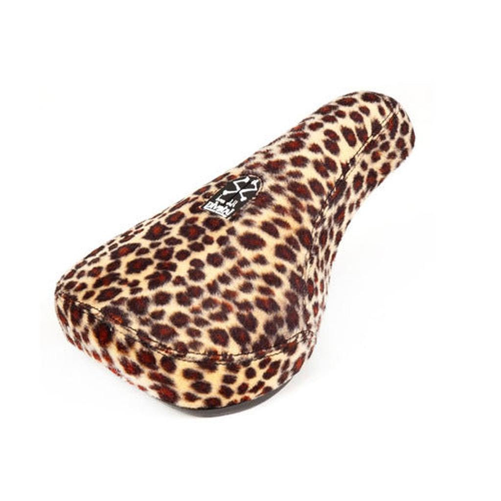 The Bone Deth Vibrator Pivotal Seat boasts a leopard print design and a small black logo patch, adding flair to your ride. Designed for pivotal setups, it combines style with functionality.