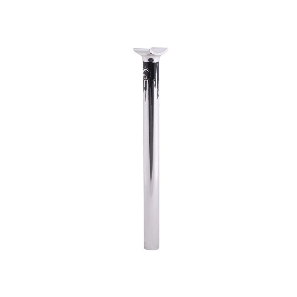 The Shadow Conspiracy 320mm Pivotal Post is a silver metal seat post (25.4mm diameter) with a clamp for easy saddle attachment—perfect for flatland BMX rides. Shown against a white background.