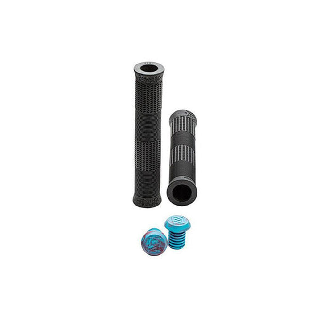 Two black Stranger Quan Kraton Grips, made from soft Krayton rubber, paired with two blue end caps, are displayed on a white background.