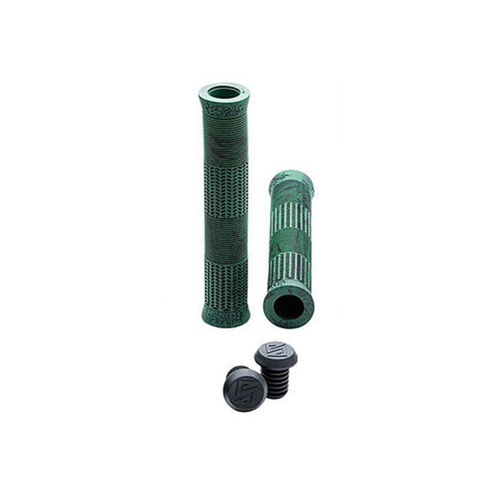 A pair of green Stranger Quan Kraton Grips made from soft rubber, featuring a textured design and two black end plugs, displayed on a white background.