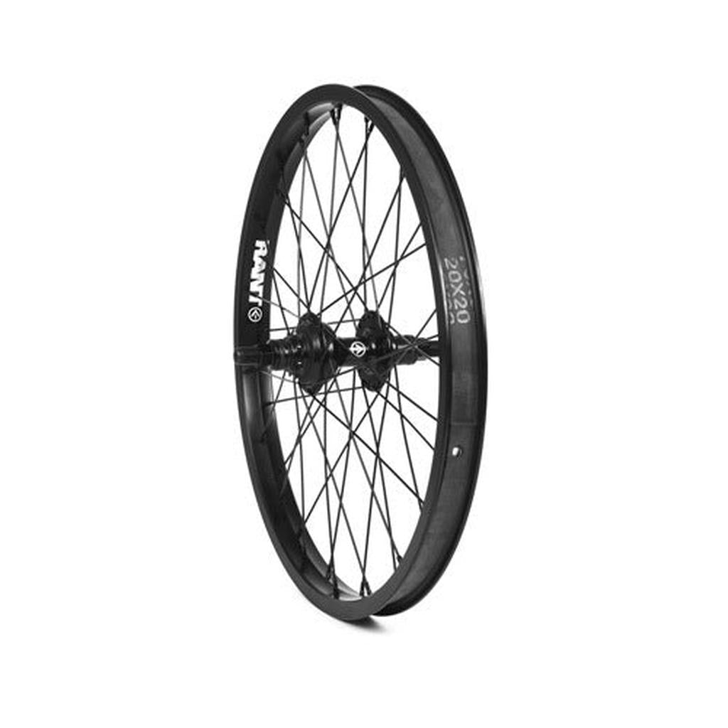 The Rant S20 Cassette 20 Inch Rear Wheel features a black rim with "RANT" and "20X2.0" text, black spokes, a central hub, sealed bearing cassette, and a durable 9T driver for smooth BMX performance.