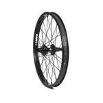 The Rant S20 Cassette 20 Inch Rear Wheel features a black rim with "RANT" and "20X2.0" text, black spokes, a central hub, sealed bearing cassette, and a durable 9T driver for smooth BMX performance.