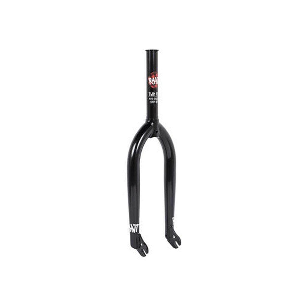 The Rant Twin Peaks 20 Inch Forks are black BMX bike forks featuring a Rant logo on the tube, durable 4130 CrMo construction, and a responsive 30mm offset.