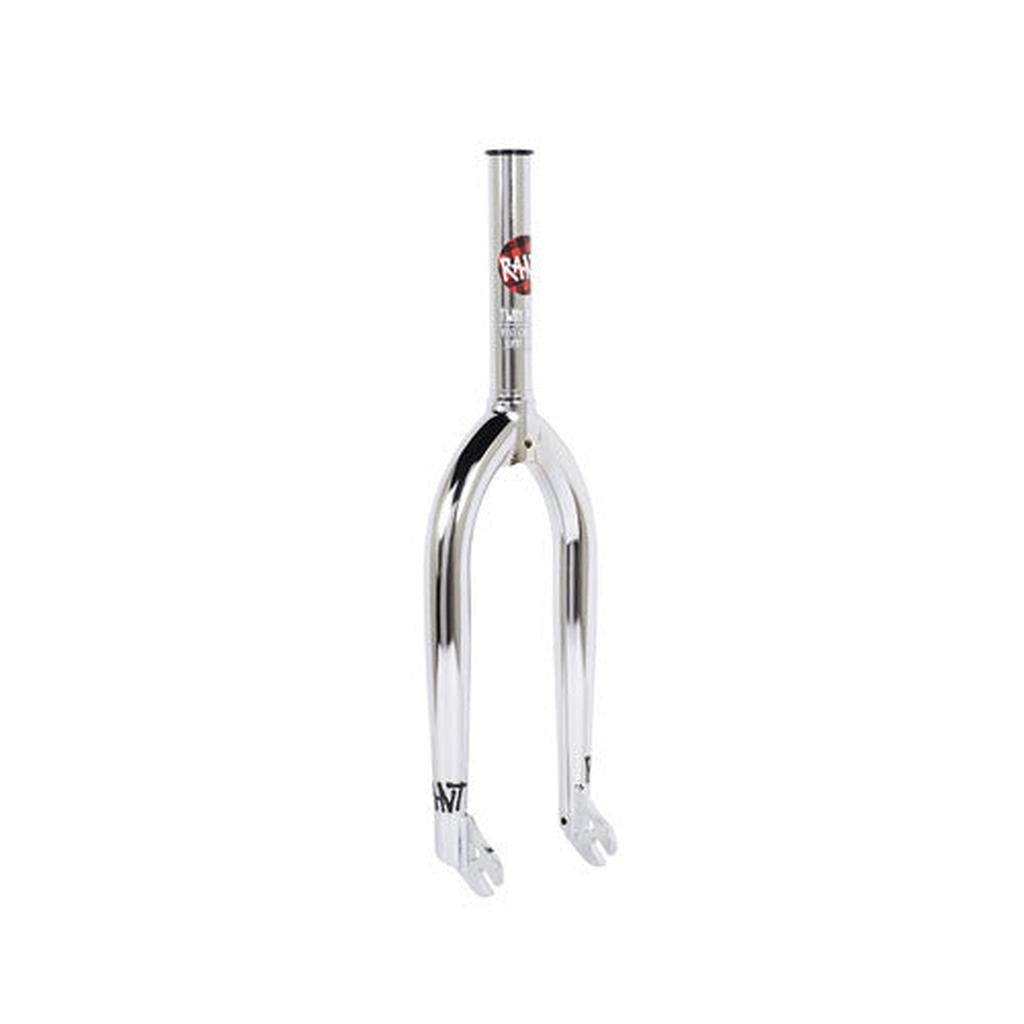 The Rant Twin Peaks 20 Inch Forks feature a chrome 4130 CrMo design with a sleek 30mm offset and are adorned with a logo decal near the top.