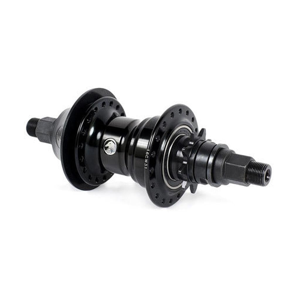 The Shadow Optimized Freecoaster Hub is a black BMX hub featuring multiple spoke holes, dual axle bolts, a visible bearing system, and is compatible with a plastic hub guard.