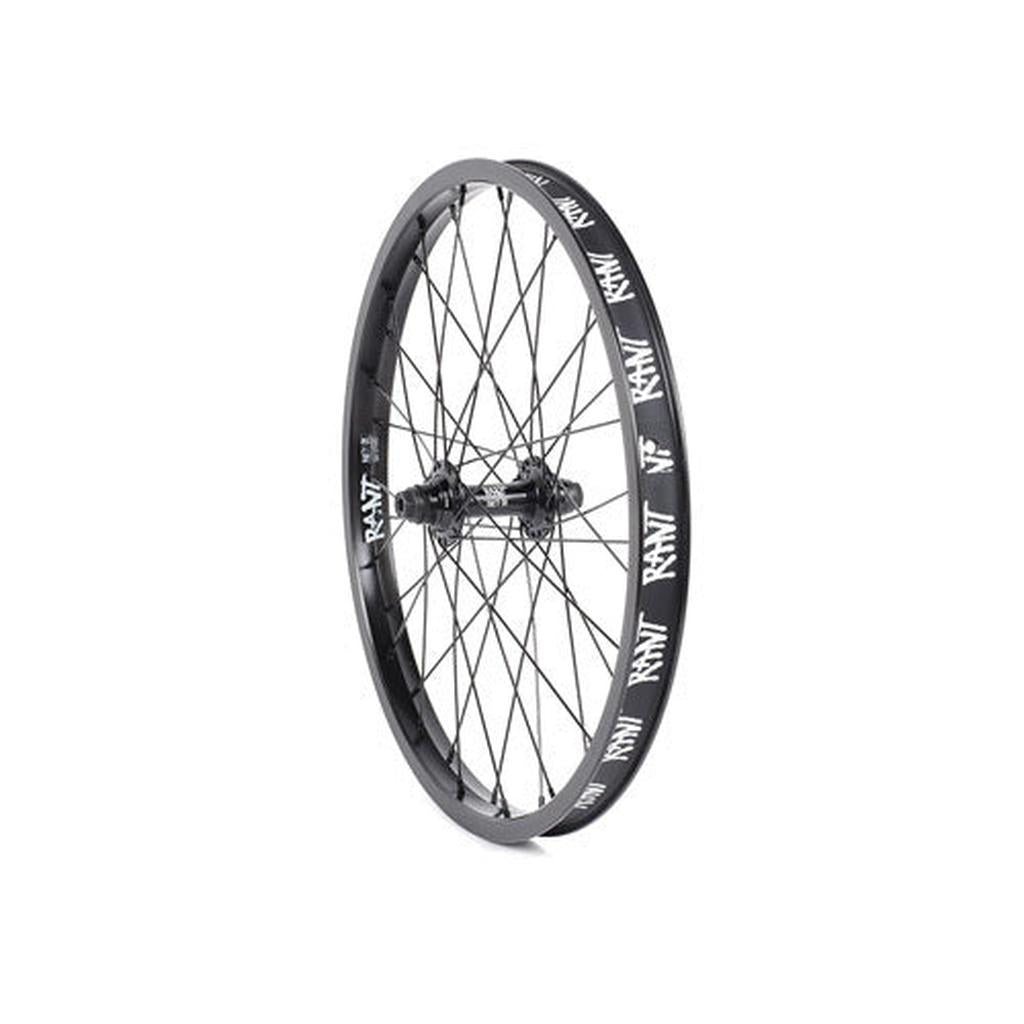 The Rant Party On 20 Inch Front Wheel is a black, sealed bearing front wheel featuring multiple spokes and bold white "RANT" logos repeated along the rim.