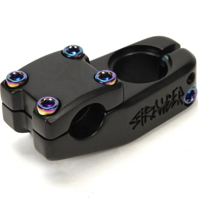The Stranger Haze V2 Top Load Stem is a black BMX bike stem featuring six rainbow-colored bolts; CNC machined for strength and precision, it securely connects your handlebars to the fork.