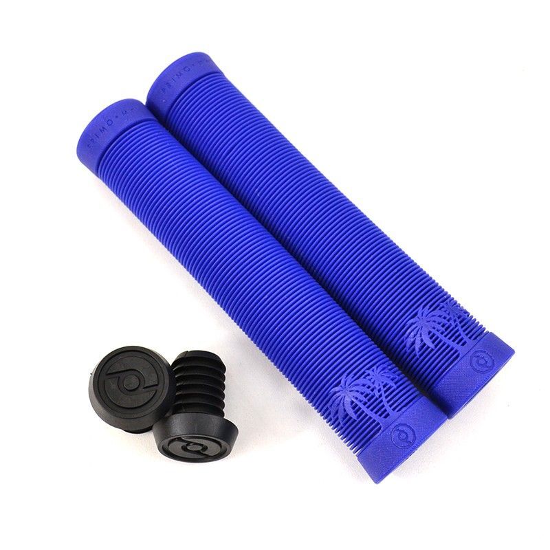 Two Primo Cali Grips in blue, featuring a ribbed, flangeless design and palm tree patterns inspired by Michael Harkous, are displayed alongside two black end caps on a white background.