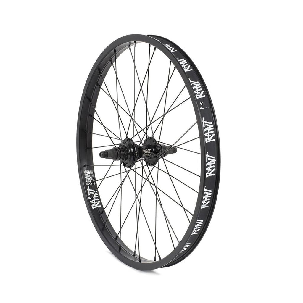 The Rant Party On V2 22 Inch Cassette Rear Wheel is a black, multi-spoke wheel with white "RANT" branding on the rim, a 9T driver, and sealed bearings, shown against a white background.