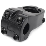 The Shadow Conspiracy VVS Front Load Stem is a black BMX stem made from durable 6061-T6 alloy, featuring four front-facing bolts and a side clamp to securely attach handlebars to the fork steerer tube for dependable performance.