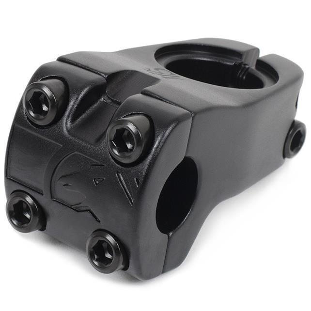 The Shadow Conspiracy VVS Front Load Stem is a black BMX stem made from durable 6061-T6 alloy, featuring four front-facing bolts and a side clamp to securely attach handlebars to the fork steerer tube for dependable performance.